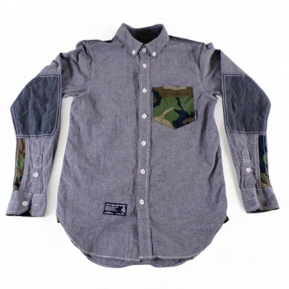 izzue Camo Pocket Denim Patchwork Shirt IZ-X04-ARMY Size Small #663 - Picture 3 of 15